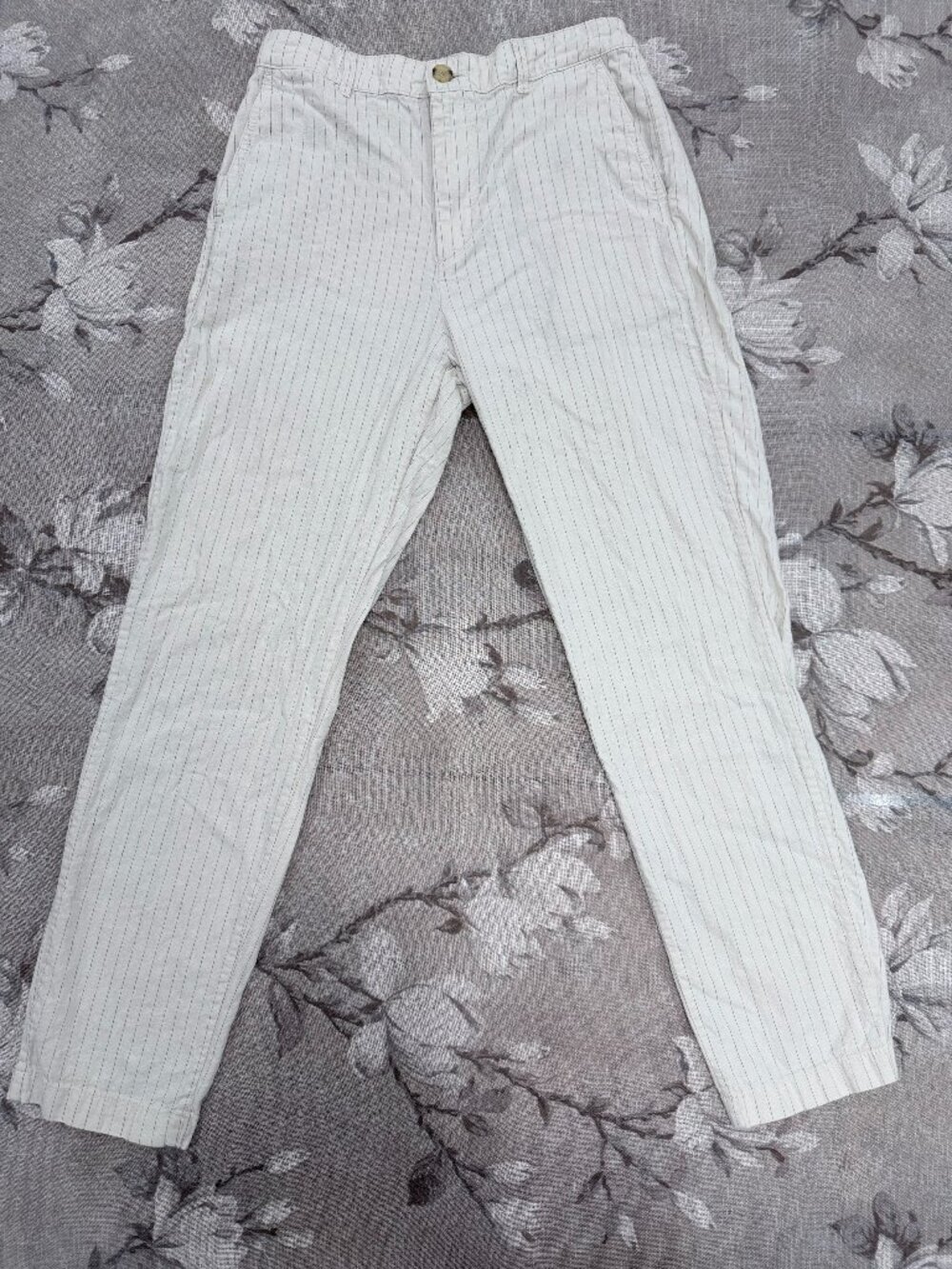 Uniqlo Linen Cotton Pinstripe Pull-On Pants XS Cream Coastal Summer